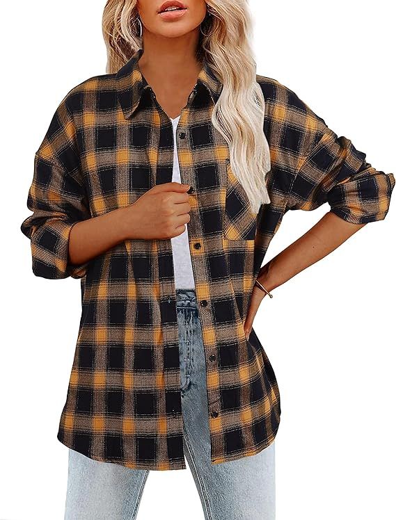 Women's Flannel Plaid Shirts Long Sleeves Oversized Work Button Down with Pockets Blouses Cardiga... | Amazon (US)
