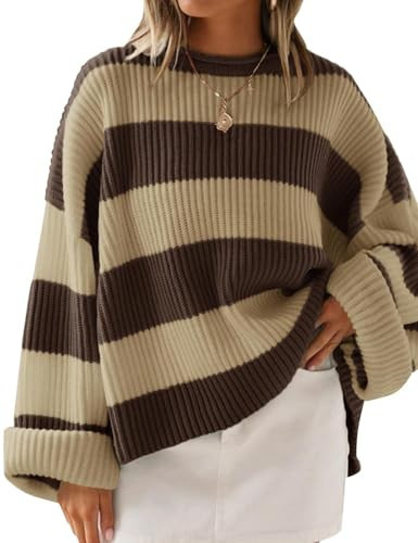 ZESICA Women's 2025 Fall Long Sleeve Oversized Striped Color Block Comfy Loose Crew Neck Knitted Pullover Sweater Brown Small | Amazon (US)