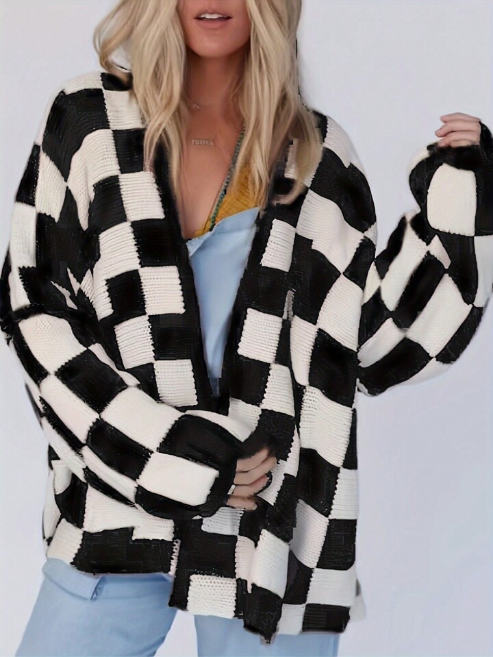 SHEIN Essnce Checked Drop Shoulder Cardigan | SHEIN