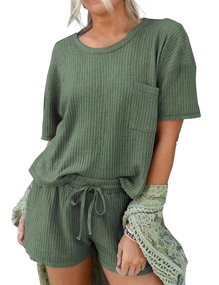Andeip Pajamas Womens Waffle Knit Lounge Set Short Sleeve Top and Shorts 2 Piece Loungewear Outfi... | Amazon (US)