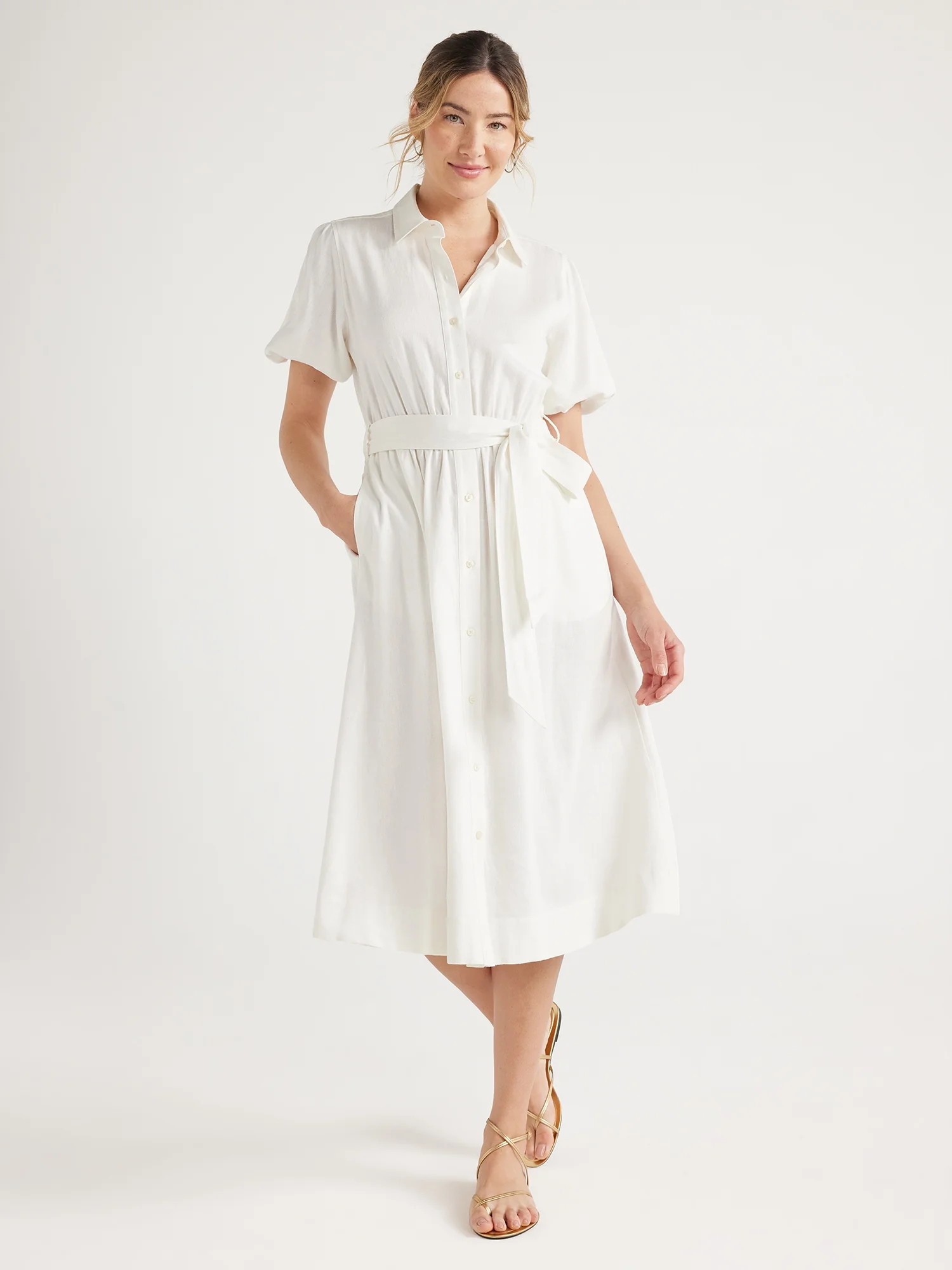 Free Assembly Women’s Midi Shirtdress with Puff Sleeves, Sizes XS-XXL | Walmart (US)