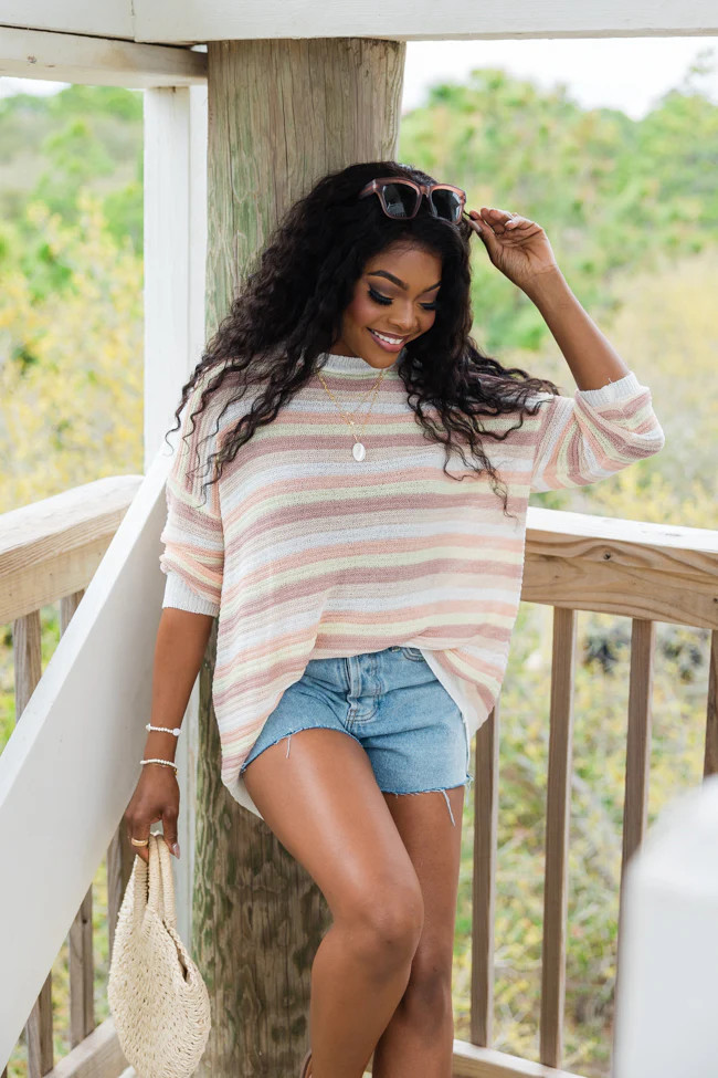 Feeling Nautical Salmon Striped Oversized Sweater | Pink Lily