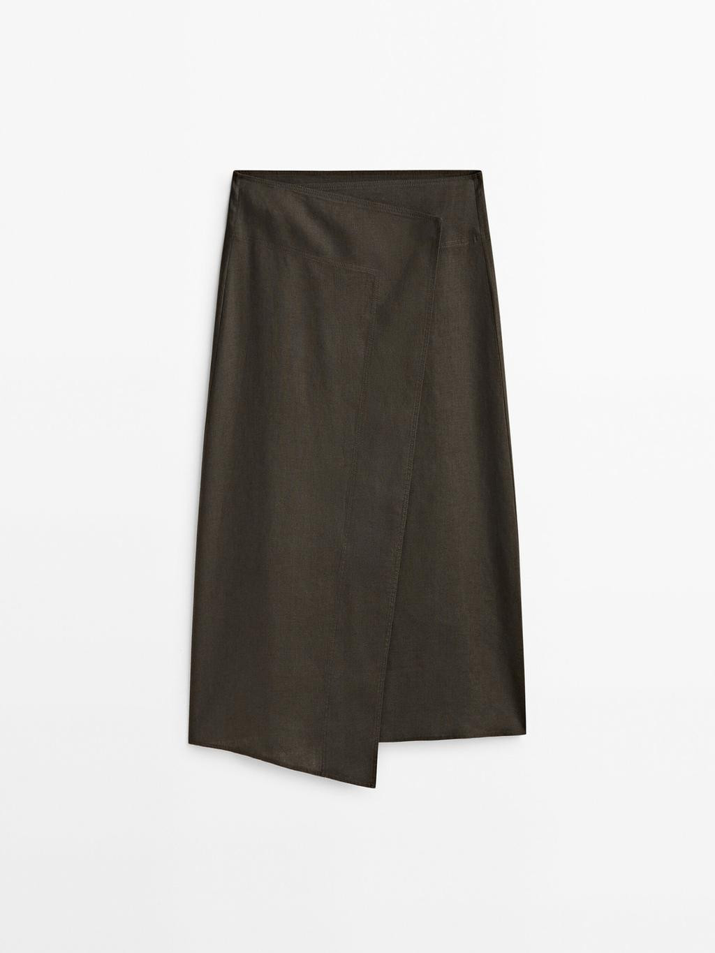 Asymmetric wrap-style linen midi skirt | Massimo Dutti US