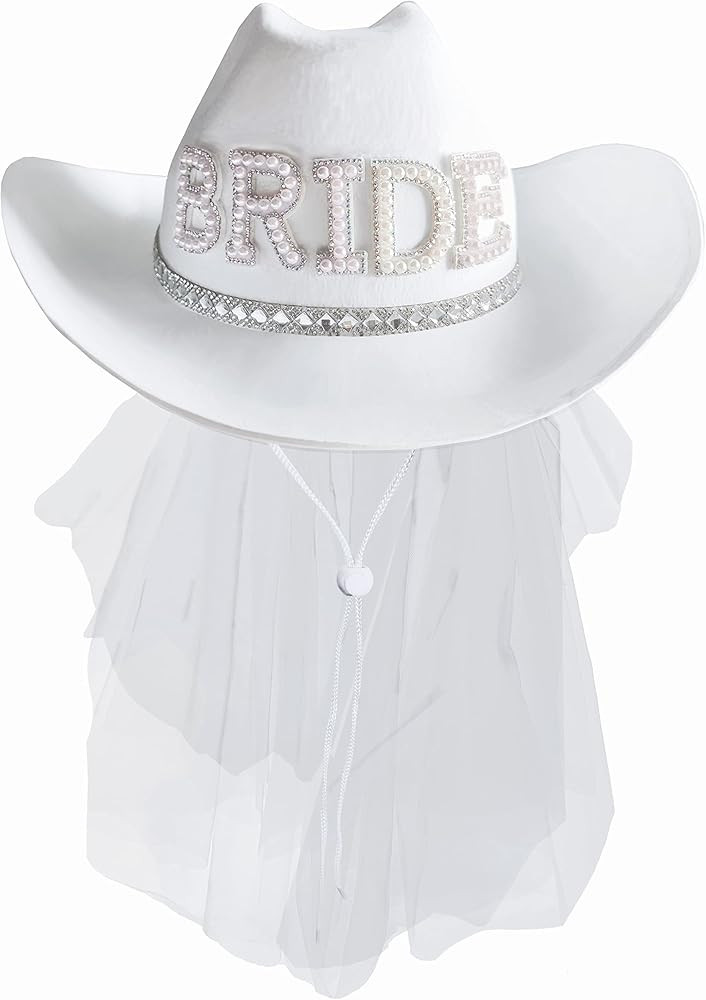 Fibye Bridal Cowboy Hat with Veil, White Bride Hat for Wedding Bridal Shower Decoration, Bride Co... | Amazon (US)