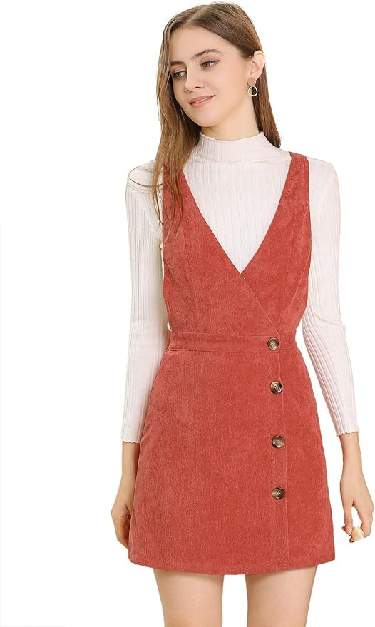 Allegra K Women's Corduroy Mini V Neck Vintage A-Line Bib Christmas Overall Pinafore Dress | Amazon (US)