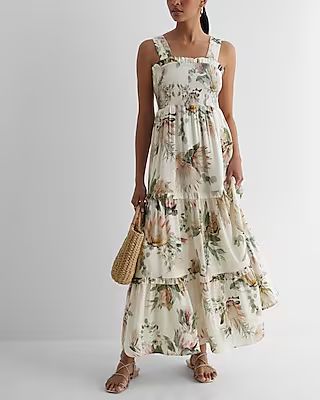 Linen-Blend Floral Square Neck Smocked Tiered Maxi Dress | Express