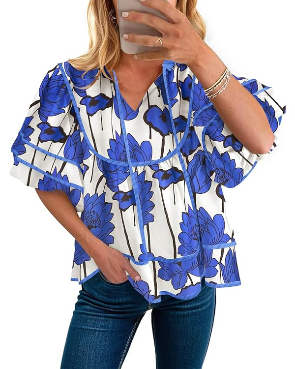 Cicy Bell Womens Summer Floral Babydoll Tops V Neck Short Lantern Sleeve Shirts Cute Loose Fit Fl... | Amazon (CA)