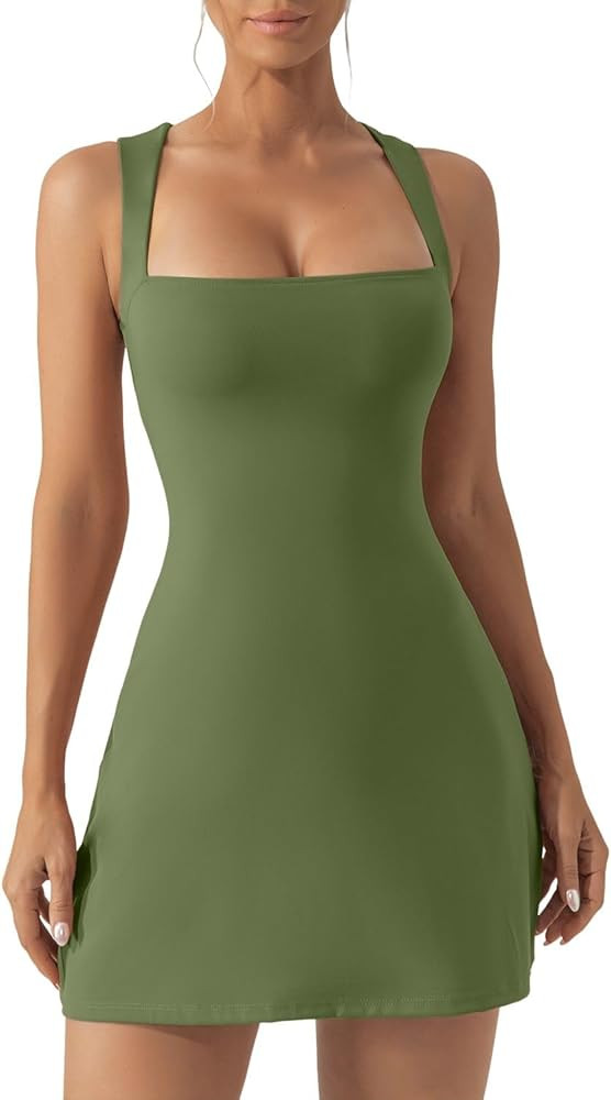 QINSEN Women's Square Neck Bodice Dress Sleeveless Tank Top Stretch Flare Mini Dresses（No Built... | Amazon (US)