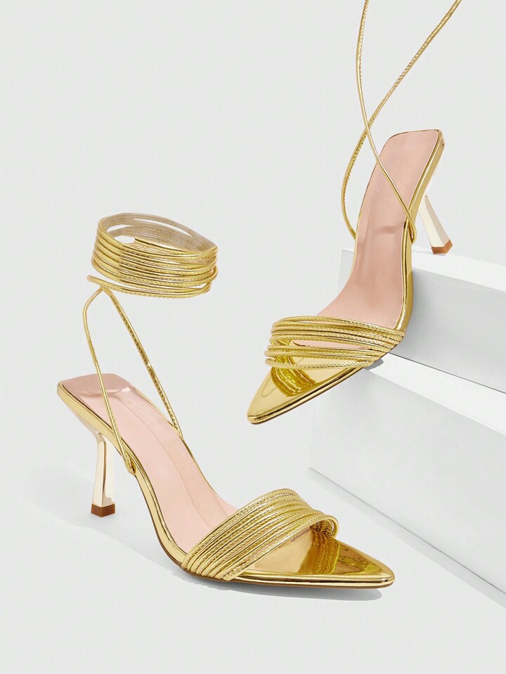 CUCCOO SZL Sexy Fashion Party Golden Pointed Toe High Heel Sandals With Rhinestones Strappy For W... | SHEIN