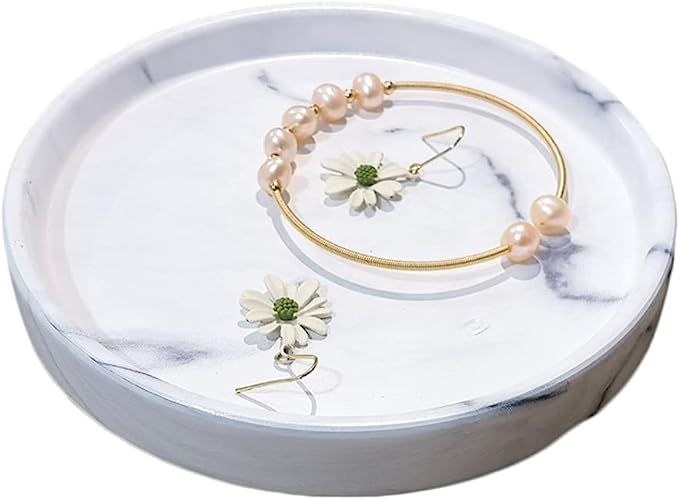 Elegant Marbled Round Jewelry Dish Key Holder, White Ceramic Vanity Tray Bathroom Organizer for S... | Amazon (US)