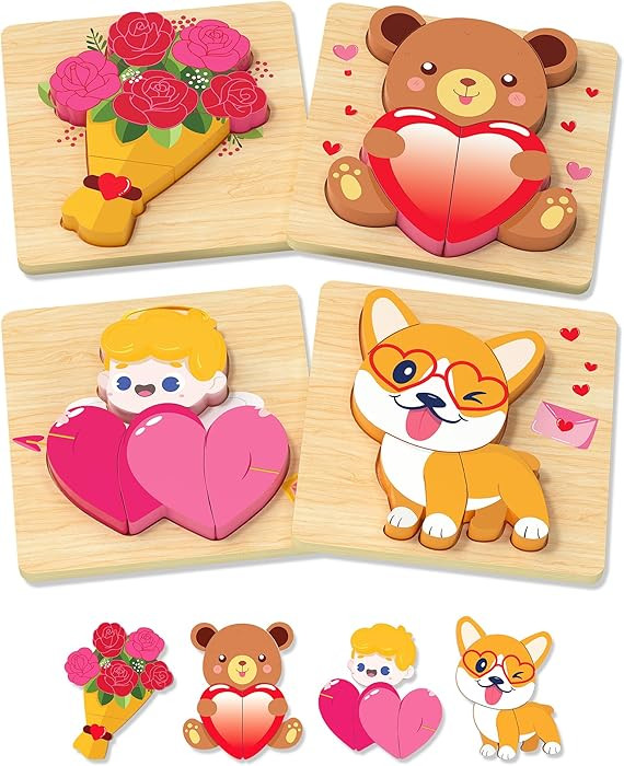 Yetonamr Valentines Wooden Puzzles Gifts for Kids, 4 Pack Toddler Valentine Day Toys for Boys Gir... | Amazon (US)