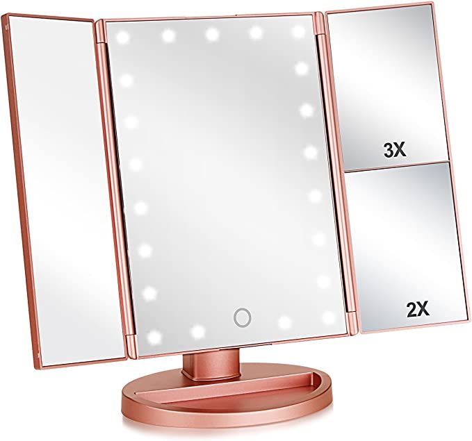 Tri-fold Lighted Vanity Makeup Mirror with 3x/2x/1x Magnification, 21Leds Light and Touch Screen,... | Amazon (US)