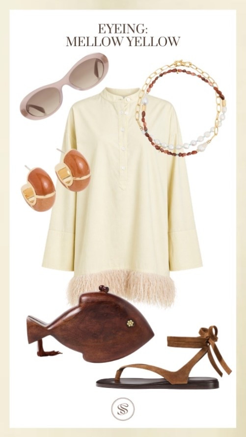 Yellow 
Butter yellow 
Feathers
Summer dress
Brown sandals