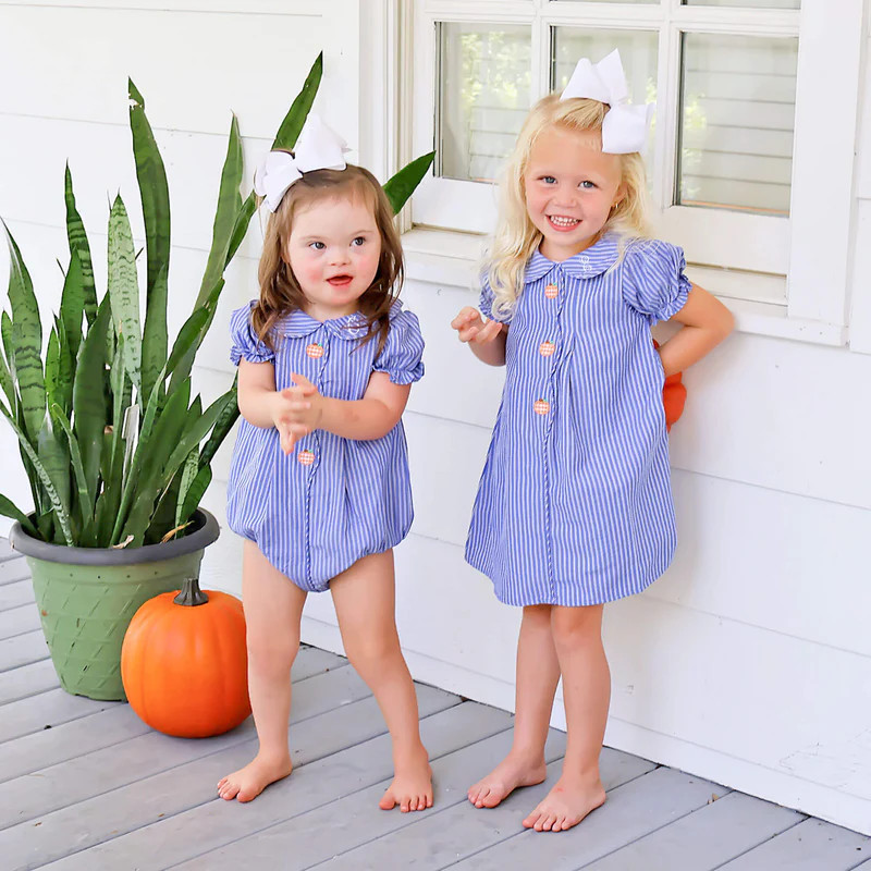 Adorable Pumpkin Blue Stripe Jane Dress | Classic Whimsy