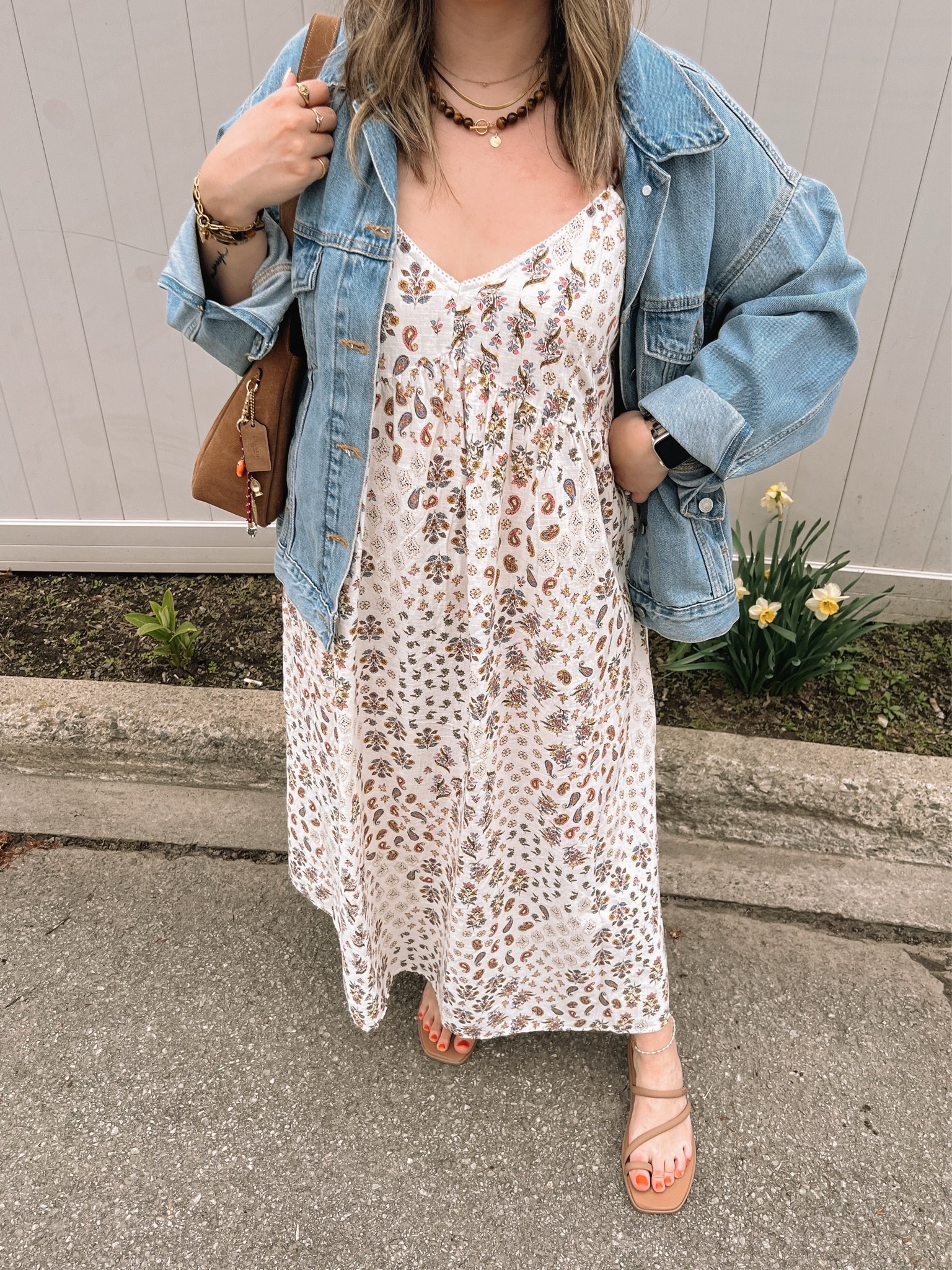 Casual spring outfit! Wearing my usual size L in the boho maxi dress, sized up to XL in the denim jacket for an oversized fit. My sandals are super comfy, I’m usually a 9.5-10 and wear a 10. Canadian Old Navy and Crocs links under “similar products”

#LTKsummer #LTKdresses #LTKsale