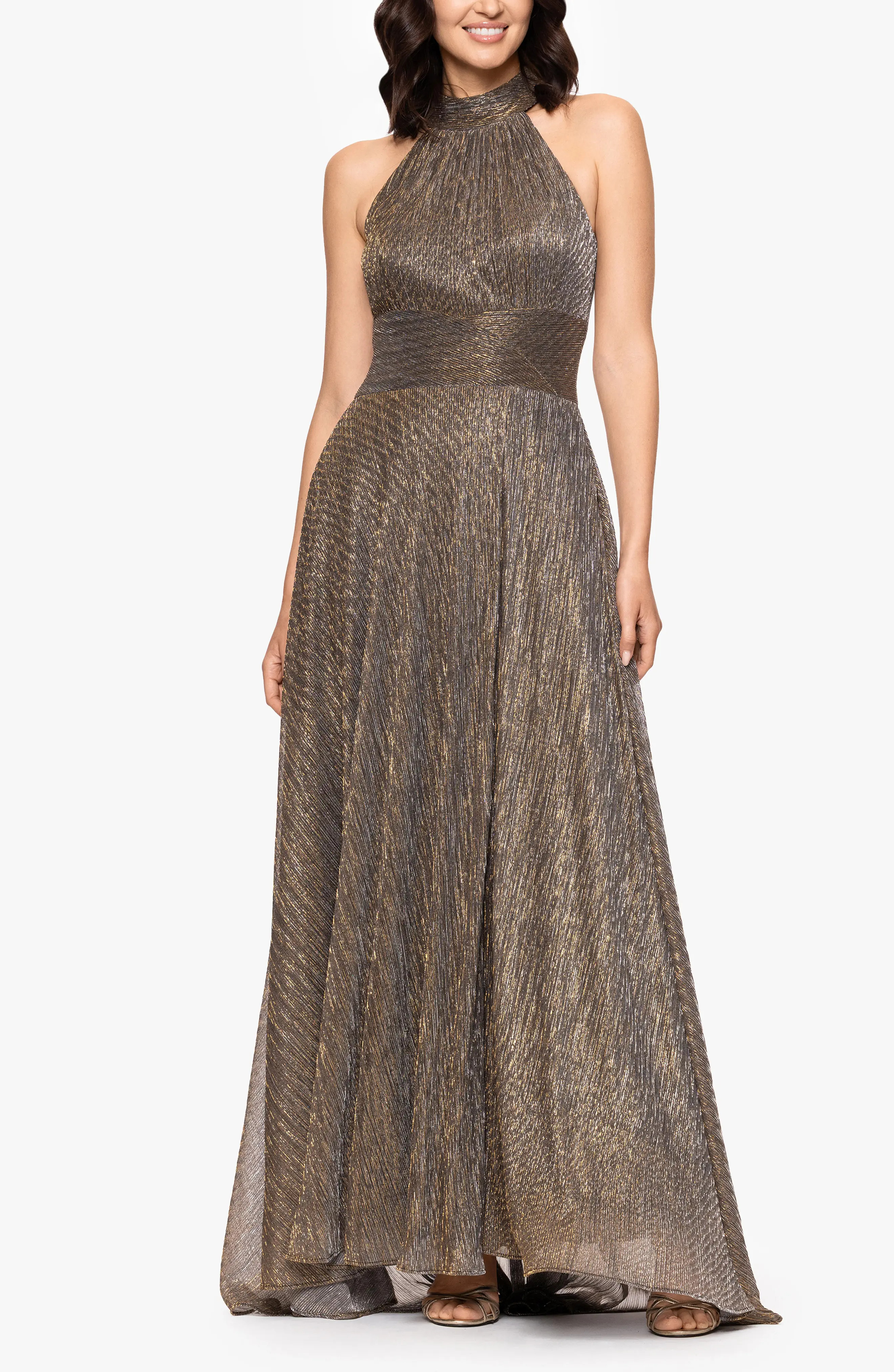 Betsy & Adam Halter Neck Sleeveless Crinkled Metallic A-Line Gown in Mocha/Gold at Nordstrom, Size 6 | Nordstrom