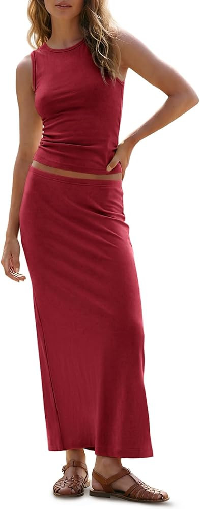 Wenrine Womens 2 Piece Outfits Sleeveless Ruched Tank Tops Casual Maxi Long Skirts Sets Summer Sl... | Amazon (US)