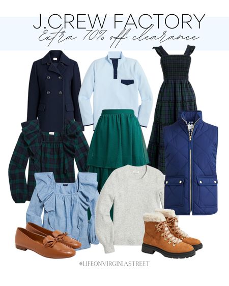 J. Crew Factory sale! Get an extra 70% off clearance items with code 1DAYONLY! This includes this plaid dress, plaid top, grey sweater, boots, loafers, chambray top, blue coat, blue pullover, green skirt, and blue vest. 

sale, winter style, j. crew factory, women’s outfit, winter outfit, holiday outfit, holiday clothes, holiday outfit inspiration, holiday skirt, loafers, winter boots, coastal style 

#LTKHoliday #LTKstyletip #LTKsalealert