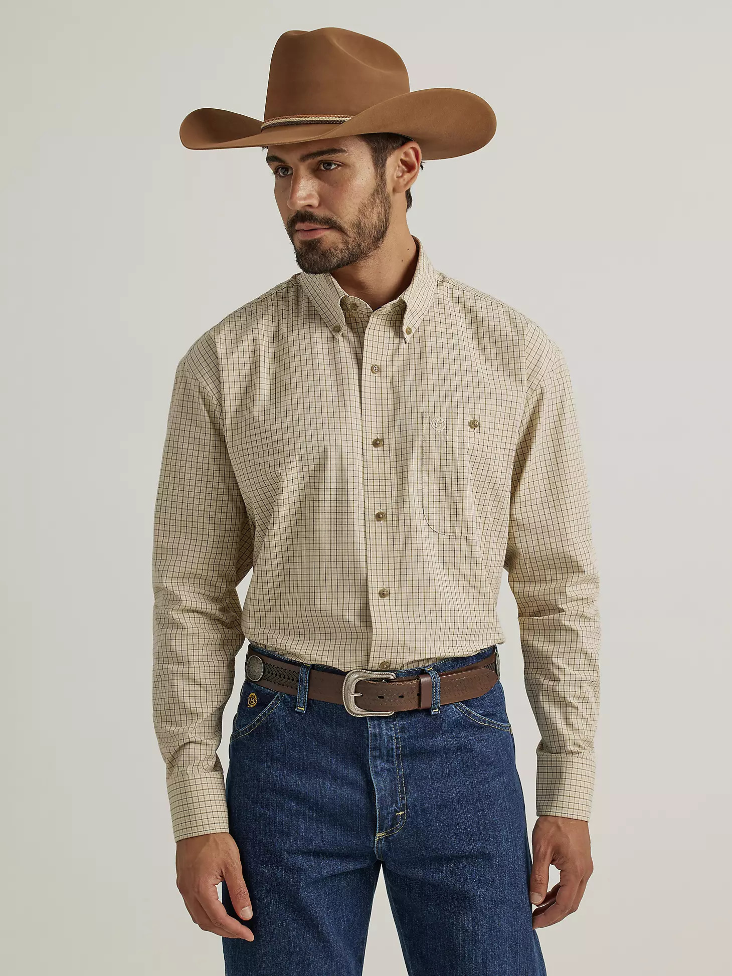 Wrangler® George Strait™ Long Sleeve Button Down One Pocket Shirt in Tan Windows | Wrangler