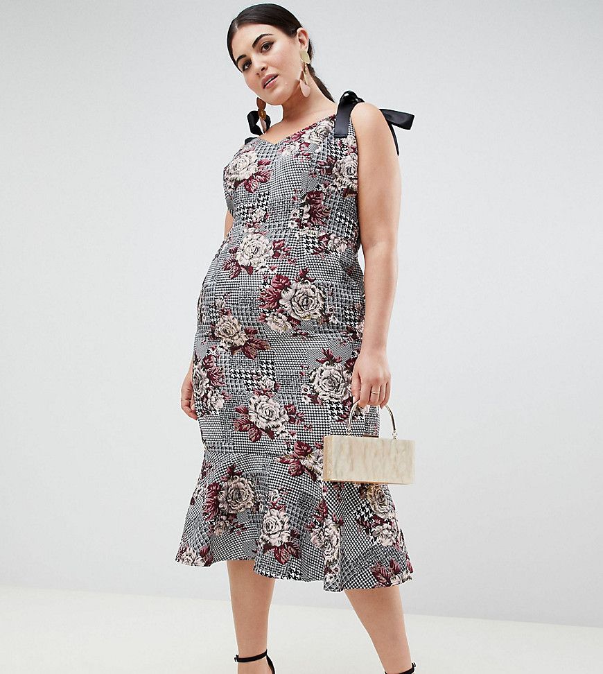 ASOS DESIGN Curve midi dress with pep hem in check and floral print - Multi | ASOS US