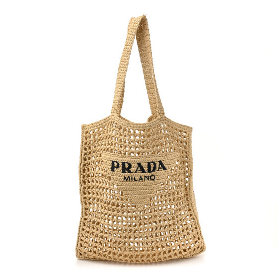 Yarn Raffia Effect Crochet Logo Embroidered Tote Bag Naturale | FASHIONPHILE (US)
