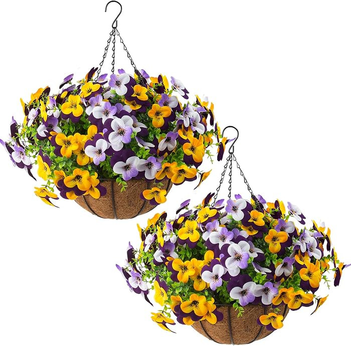 2 Set Artificial Outdoor Pansy Flowers with Hanging Baskets, 2 Hanging Baskets with 24 Pcs Silk F... | Amazon (US)