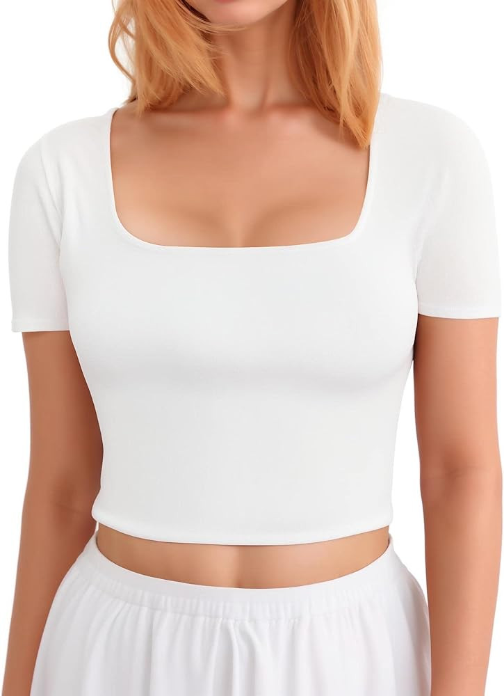 Short Sleeve Square Neck Crop Tops for Women Basic Slim Fit Cropped T-Shirt | Amazon (US)