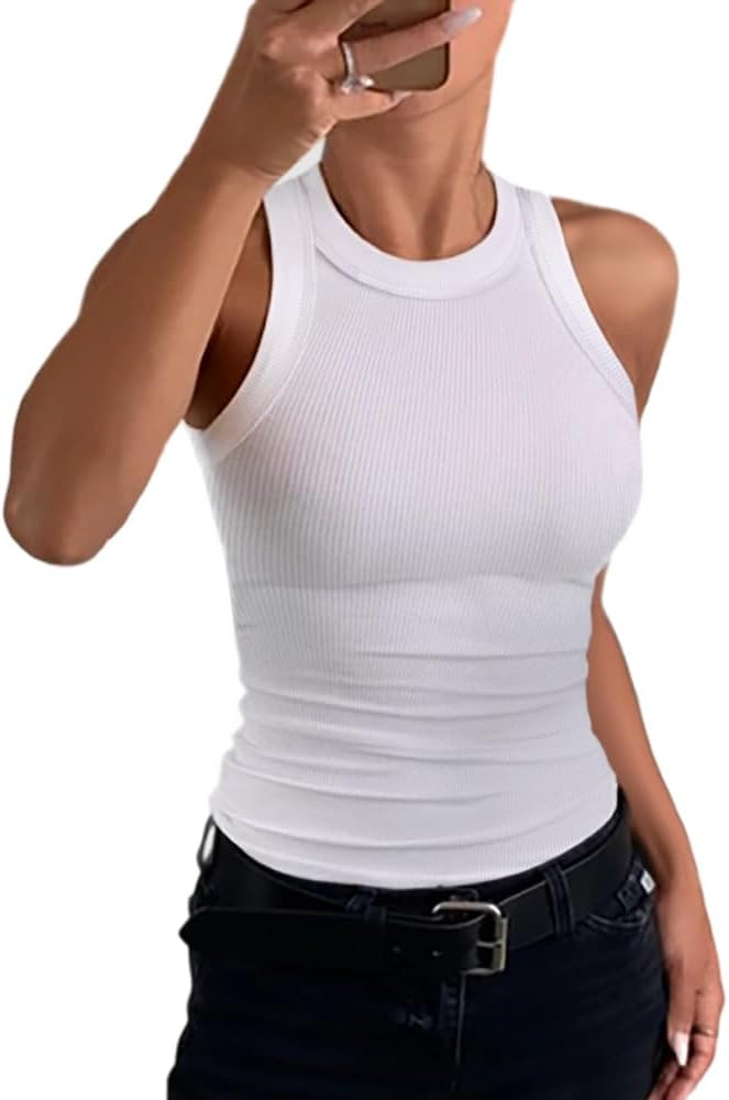 CHICME Womens Summer Sleeveless Tank Top Casual Ribbed Racerback Basic Fitted Thick Strap Shirts ... | Amazon (US)
