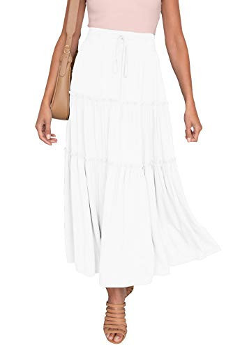 HAEOF Women's Summer Flowy Boho Maxi Skirt A Line Pleated Tiered Long Skirts with Pockets Fashion Beach Vacation Outfits (White, M) | Amazon (US)