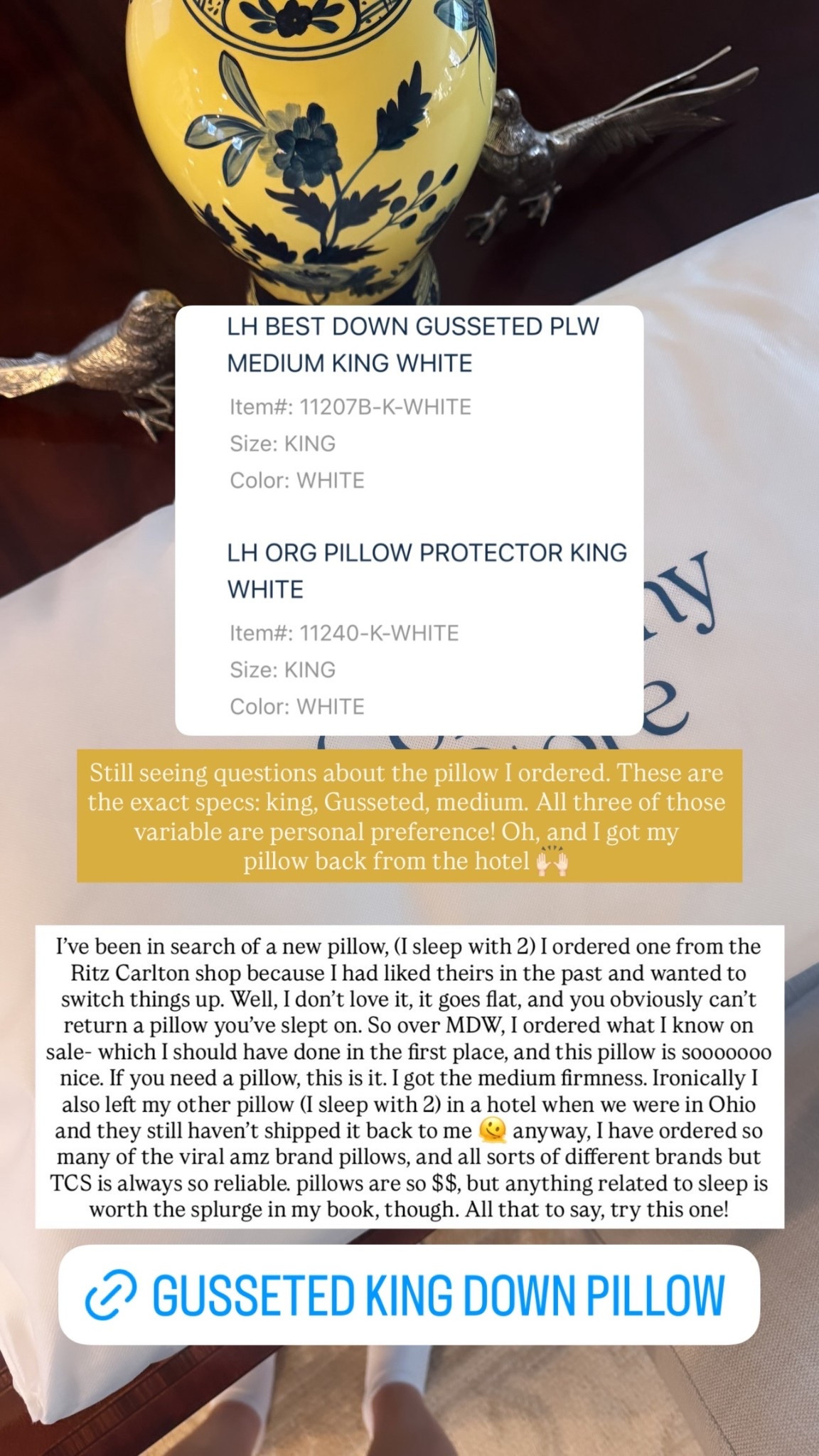 Still seeing questions about the pillow I ordered. These are the exact specs: king, Gusseted, medium. All three of those variable are personal preference! Oh, and I got my
pillow back from the hotel 🙌🏻
