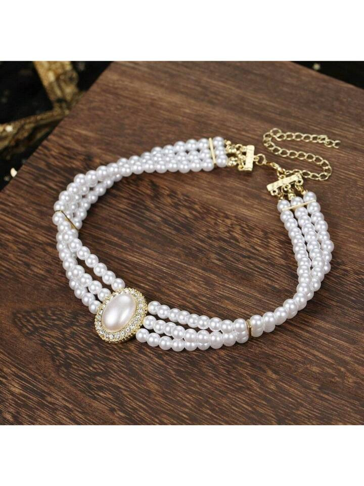 Vintage Palace Style Multi-Layer Pearl Necklace With Simple & Elegant Diamond Ellipse Choker Coll... | SHEIN
