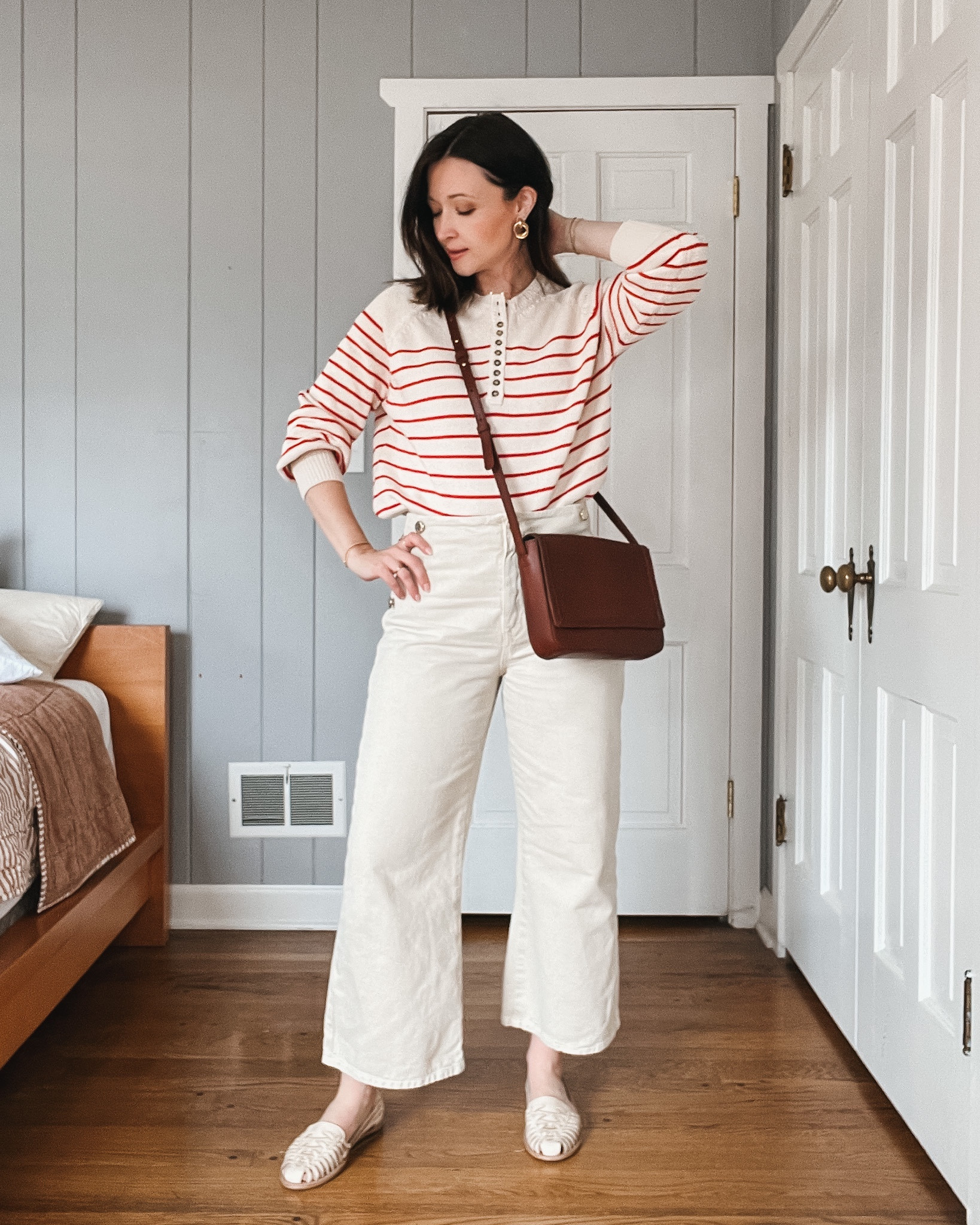 French style inspired Spring Outfit with Nisolo Huarache sandals. Use code SELADESIGNS for 20% off Nisolo. Sandals run TTS. 
Sezane sweater is tts

#LTKworkwear #LTKshoecrush #LTKfit