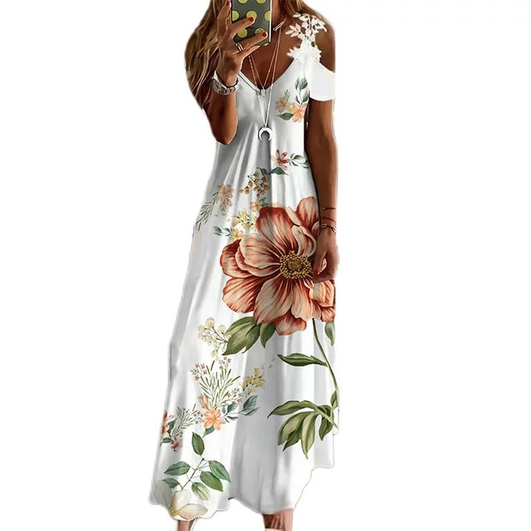 Frontwalk Bohemian Long Dress for Women V Neck Kaftan Maxi Dresses Women Cold Shoulder Travel Sum... | Walmart (US)