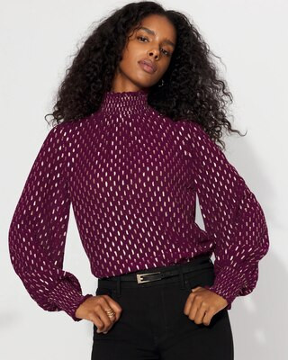 Women's Jacquard + Gold Clip Mock Neck Blouse in Rich Plum size XXS | White House Black Market, What To Wear To Work | White House Black Market
