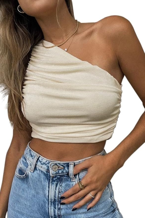 CHYRII Women's Sexy Shiny One Shoulder Going Out Tops Ruched Sleeveless Crop Tops Lavender L at A... | Amazon (US)