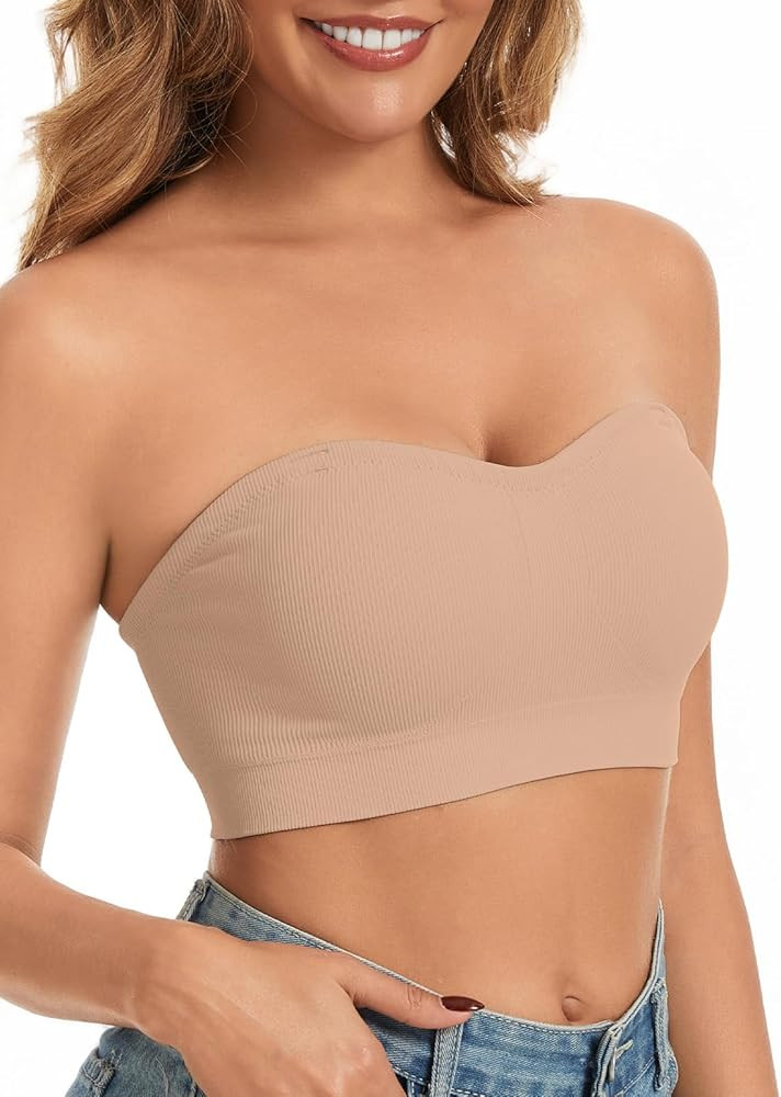 WOWENY Strapless Bandeau Bra Padded for Women Seamless Non Wired Bralette Boob Tube Non-Slip Sili... | Amazon (UK)