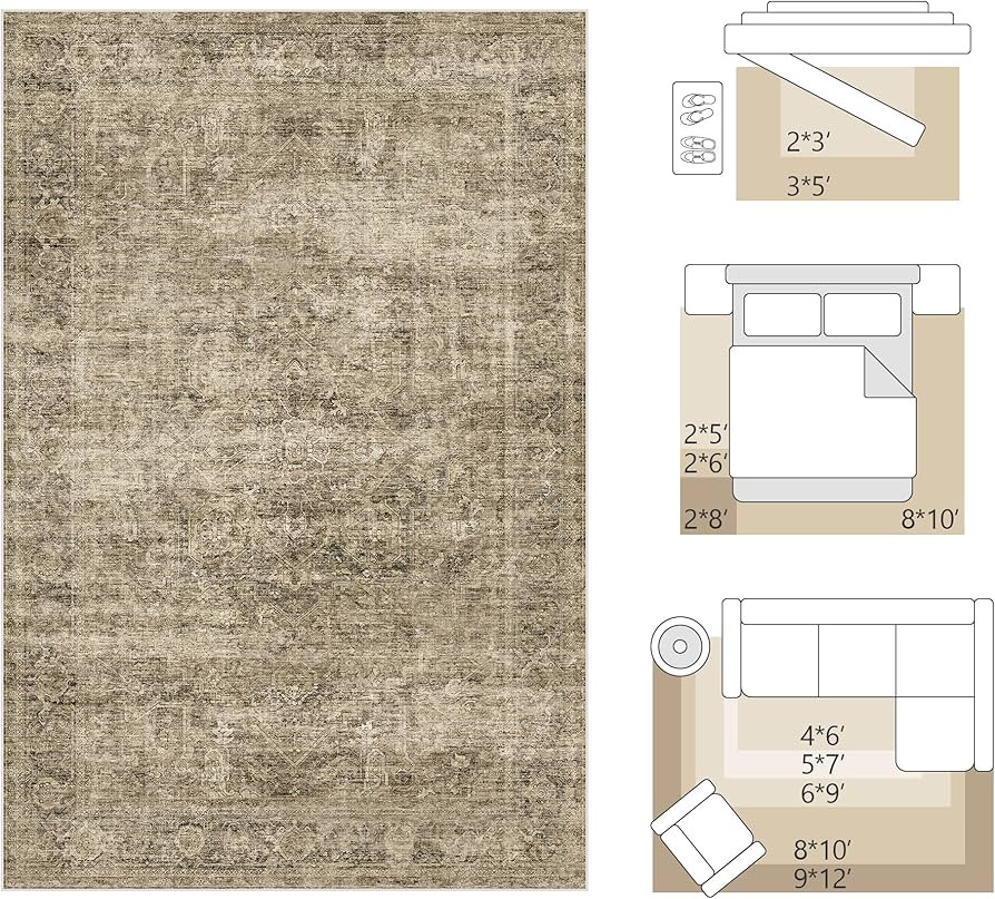 Fmfunctex 8x10 Washable Area Rug Brown Vintage Neutral Distressed Oriental Large Non Slip Carpet ... | Amazon (US)