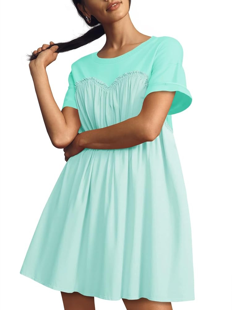 Wenrine Womens Short Sleeve T Shirt Dress Summer Babydoll Patchwork Swing Casual Mini Dresses | Amazon (US)