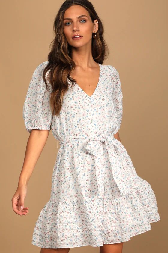 True Love Blooms White Floral Print Puff Sleeve Button-Up Dress | Lulus (US)