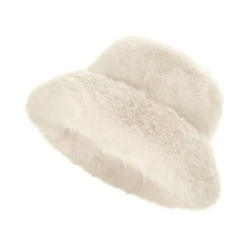 Yonchic Winter Soft Faux Fur Plush Bucket Hat, Lovely Fuzzy Fisherman Cap, Fashion Outdoor Thick Warm Sun Cap for Women (Beige) | Amazon (US)