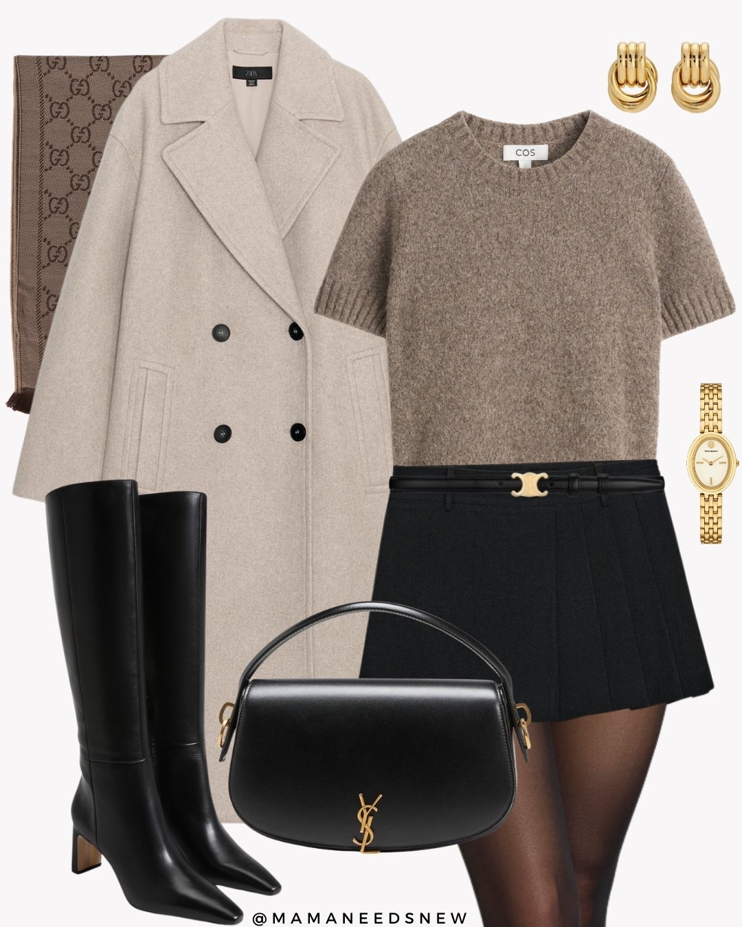 A fall outfit with an oversized coat, sweater tee, skort, top handle bag, knee high boots, scarf

#LTKStyleTip #LTKItBag #LTKSaleAlert