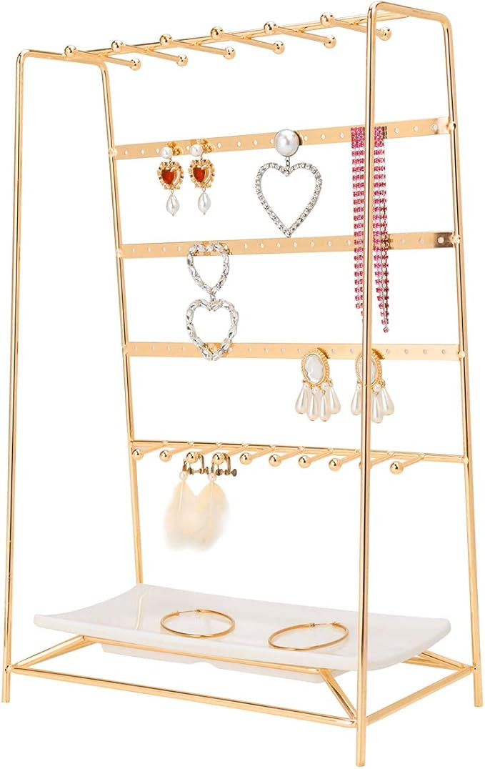 MORIGEM Jewelry Organizer, 5 Tier Jewelry Stand, Decorative Jewelry Holder Display with White Tra... | Amazon (US)