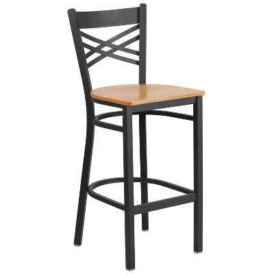 Emma and Oliver Black Metal "X" Back Barstool, Natural Wood Seat | Target