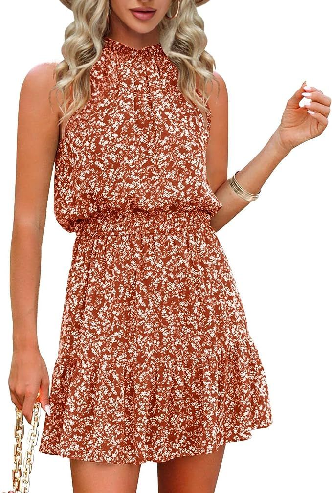 Gevomir Womens Halter Dresses Summer Boho Floral Sundress 2023 Casual Sleeveless Beach Short Dres... | Amazon (US)