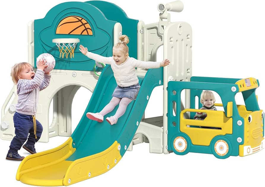 NYEEKOY 9-in-1 Toddler Slide, Bus-Themed Baby Slide and Climber Playset with Basketball Hoop, Rin... | Amazon (US)