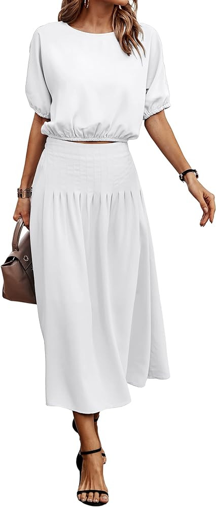 ECOWISH Women's Two Piece Outfits - Summer 2 Piece Dresses 2024 Crop Tops Pleated Midi Skirt Set | Amazon (US)