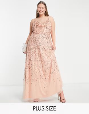 Starlet Plus exclusive cowl neck sequin maxi dress in peach | ASOS | ASOS (Global)