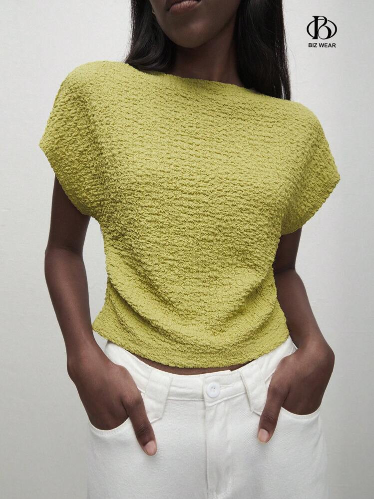 BizChic Camiseta casual de mujer de unicolor verde con cuello redondo, mangas cortas con volantes... | SHEIN
