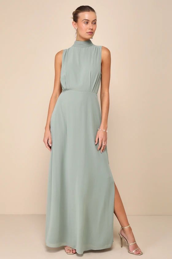 Classic Elegance Chiffon Sage Sleeveless Mock Neck Maxi Dress | Lulus
