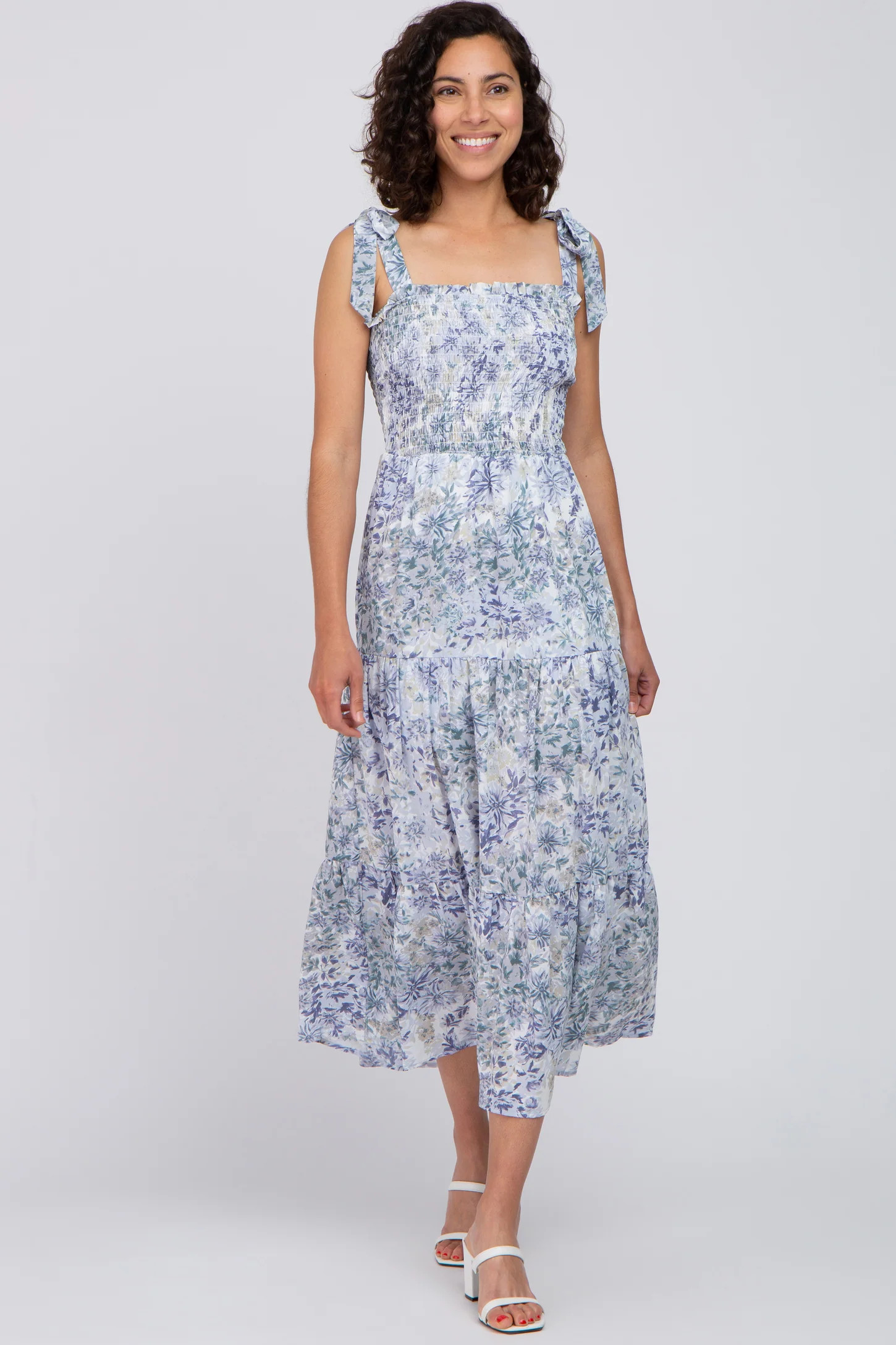 Blue Floral Smocked Tiered Maternity Maxi Dress | PinkBlush Maternity
